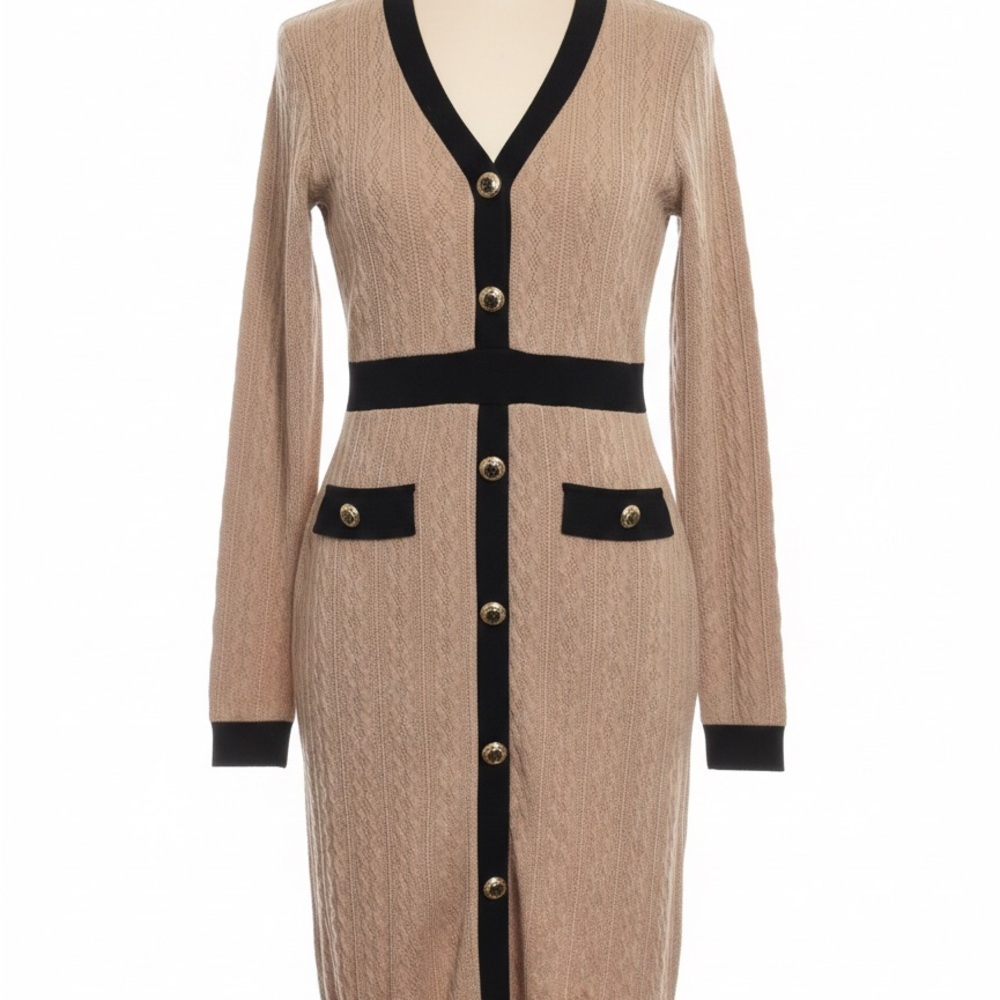 Chic Long Sleeve Tan and Black Dress - Picture 2 of 6